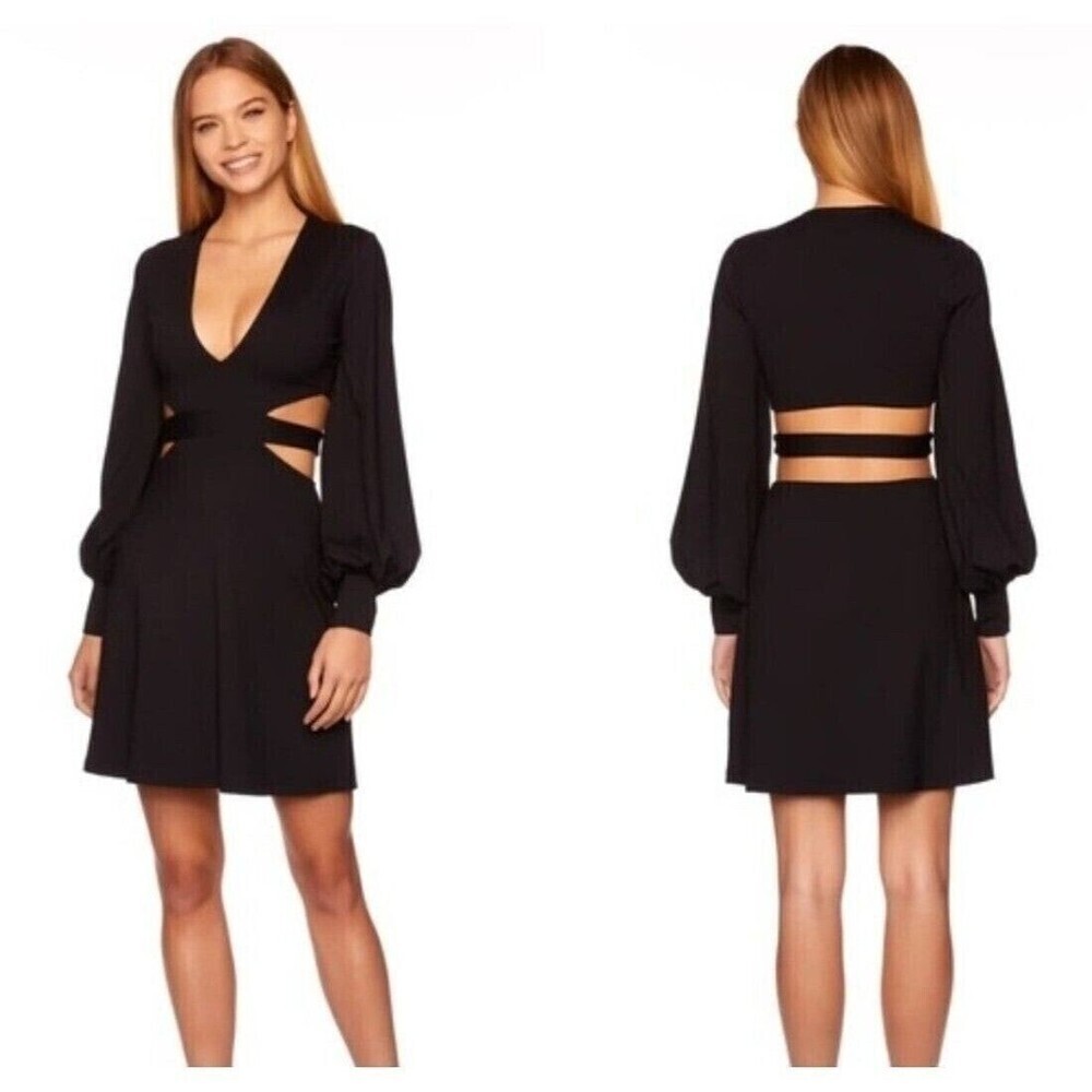 Susana Monaco‎ Black Balloon Sleeve Deep V Neck Cut Out Fit And Flare Dress XS